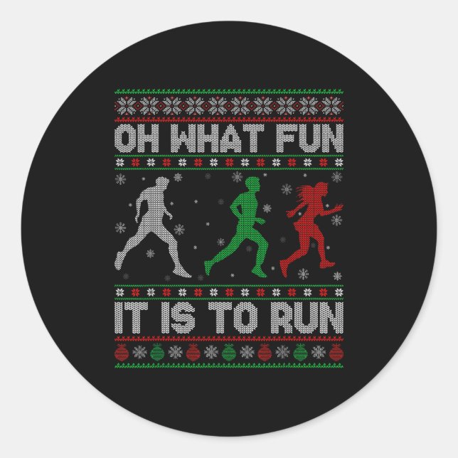 Oh What Fun Is It To Run Ugly Christmas Sweater Ru Classic Round Sticker (Front)