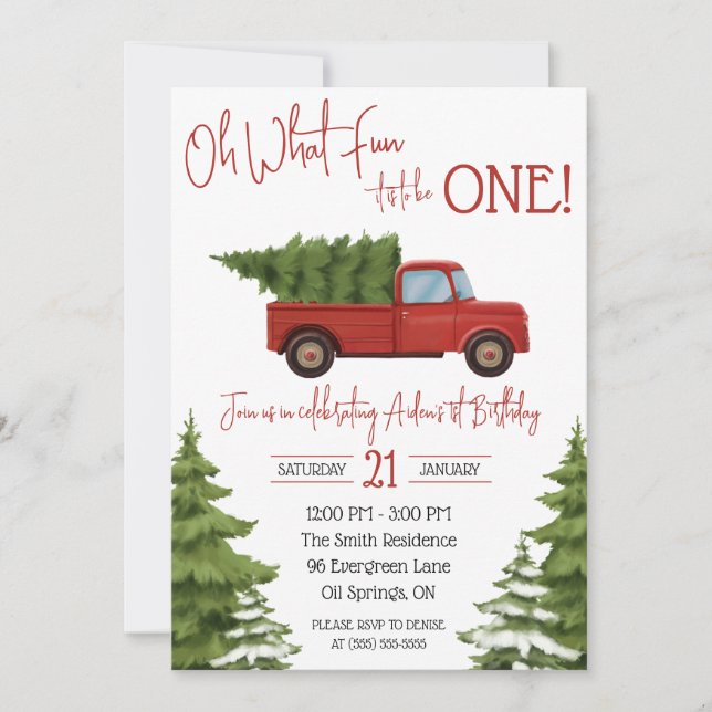Oh What Fun it is to be One!  Red Pickup Truck  Invitation (Front)