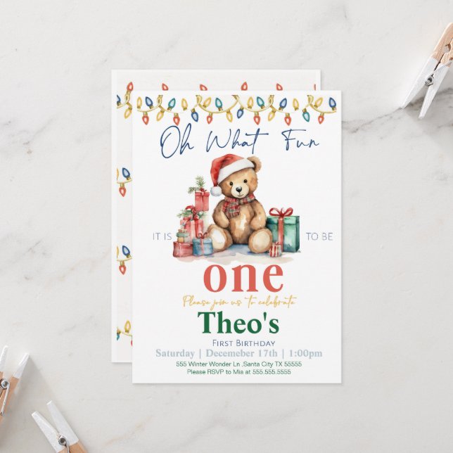 Oh What Fun it is to be One Teddy Bear Invitation (Front/Back In Situ)