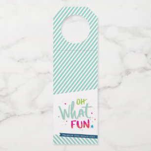 OH WHAT FUN mint stripe bright colourful typograph Bottle Tag