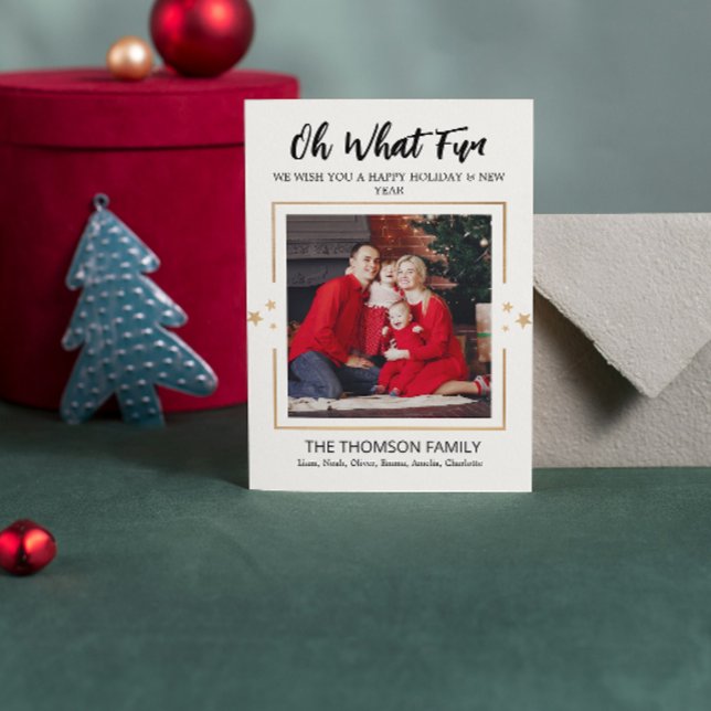 Oh What Fun Modern Christmas Holiday Card (oh what fun christmas cards typography script modern holiday simple trendy humor gold stars photo )