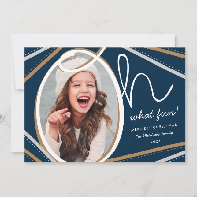 Oh What Fun Modern Colourful Navy Photo Holiday Card (Front)