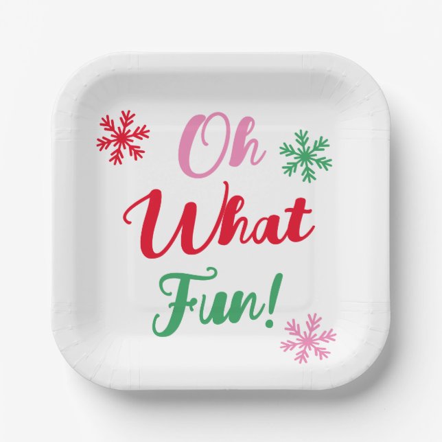 Oh What Fun! Modern Festive Script Christmas Party Paper Plate (Front)