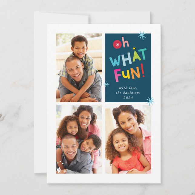 OH WHAT FUN modern fun cute colourful typography Holiday Card (Front)