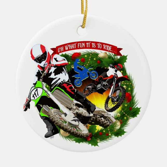 Oh What Fun Motocross Christmas Ceramic Tree Decoration (Front)