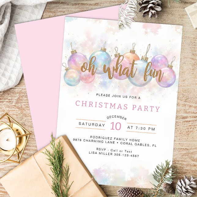 Oh What Fun Pastel Christmas Party Invitation (Pastel & Faux Gold Christmas Party Invite)