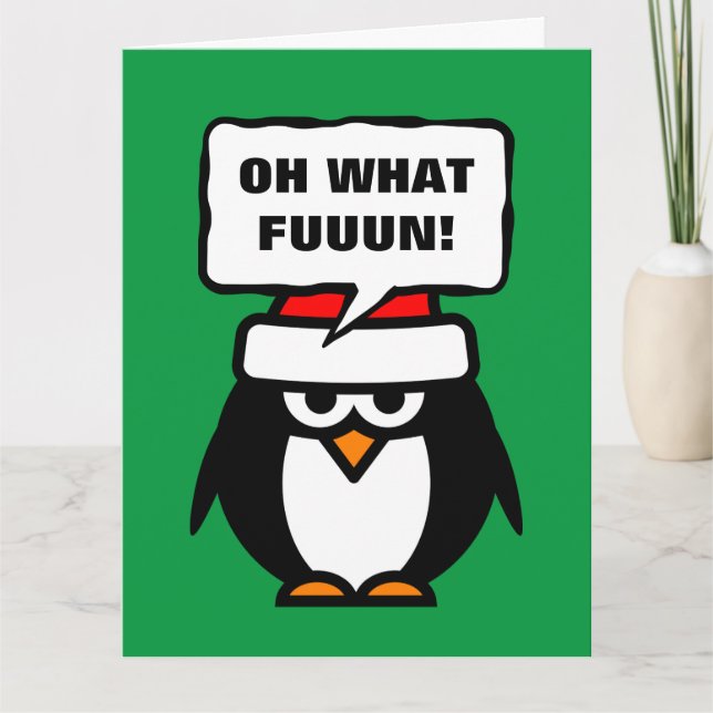 Oh What Fun penguin cartoon extra large Christmas Card (Front)