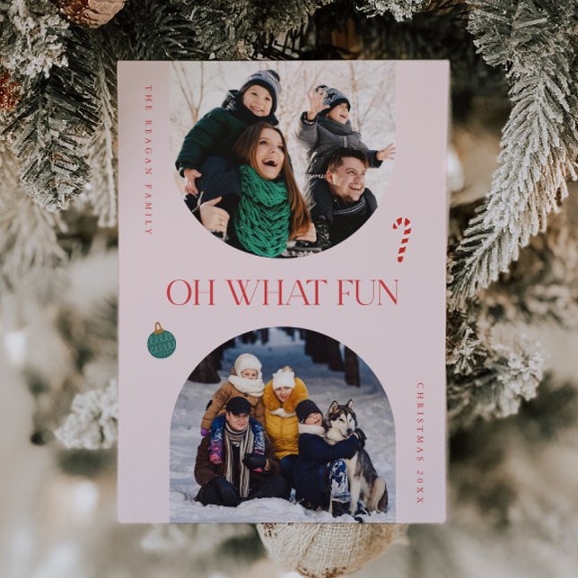 Oh What Fun Pink Arch Frame 3 Photo Holiday Card (Creator Uploaded)