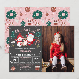 Oh What Fun Pink Black Christmas Birthday Photo Invitation