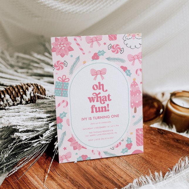 Oh What Fun Pink Christmas 1st Birthday Invitation (Creator Uploaded)