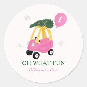 Oh What Fun Pink Christmas Car 1st Birthday Party  Classic Round Sticker