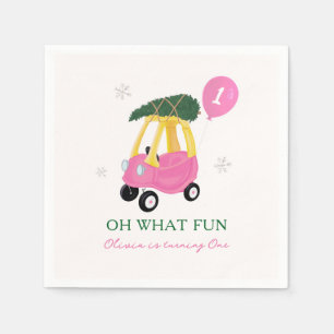 Oh What Fun Pink Christmas Car 1st Birthday Party Napkin