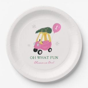 Oh What Fun Pink Christmas Car 1st Birthday Party  Paper Plate