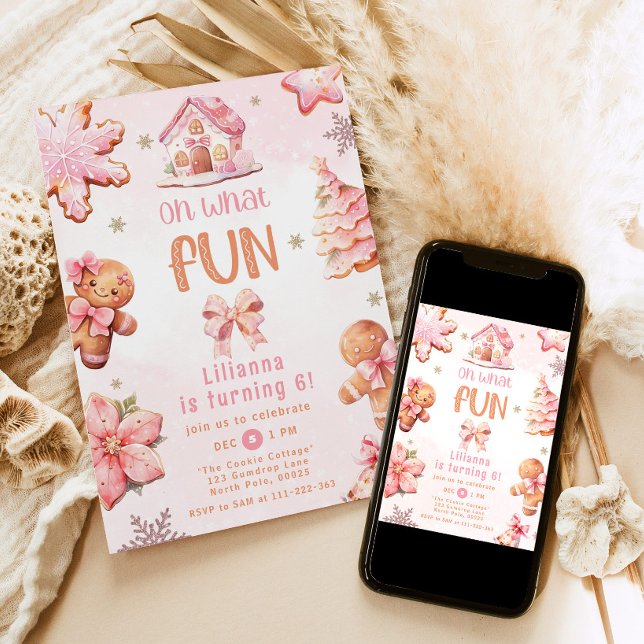 Oh what Fun pink Christmas girl birthday party Invitation (Creator Uploaded)