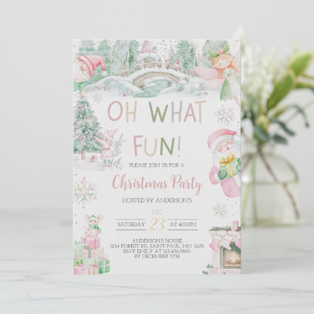 Oh What Fun Pink Christmas Party Invitation (Standing Front)