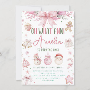 Oh What Fun Pink Christmas Winter First Birthday Invitation
