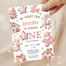 Oh What Fun Pink Cookies Christmas 1st Birthday Invitation