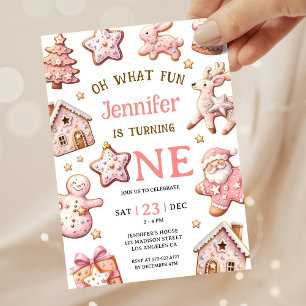 Oh What Fun Pink Cookies Christmas 1st Birthday Invitation