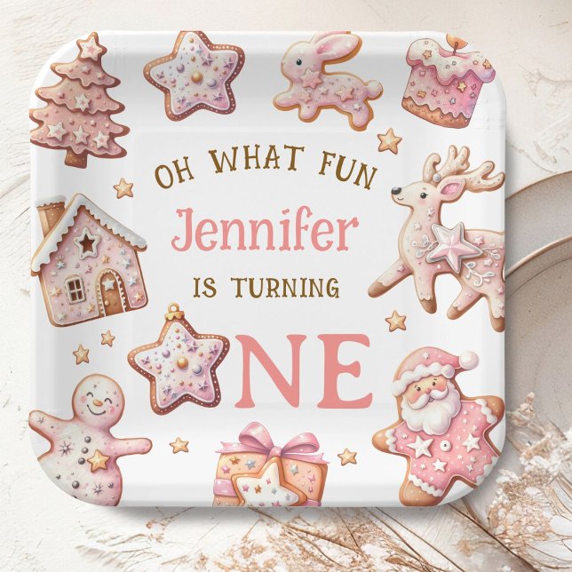Oh What Fun Pink Cookies Christmas 1st Birthday Paper Plate (Creator Uploaded)