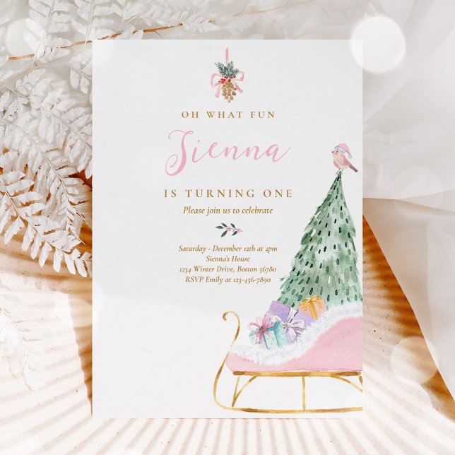 Oh What Fun Pink & Gold Winter Sleigh Birthday Invitation (Creator Uploaded)