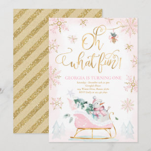 Oh What Fun Pink & Gold Winter Sleigh Birthday Invitation
