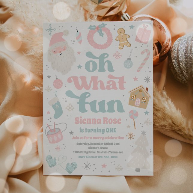 Oh What Fun Pink Pastel Christmas Birthday Party Invitation (Creator Uploaded)