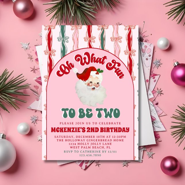 Oh What Fun Pink Santa Christmas 2nd Birthday Invitation (Creator Uploaded)