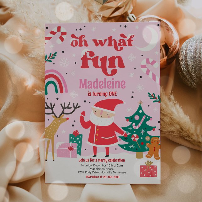 Oh What Fun Pink Santa Christmas Birthday Party Invitation (Creator Uploaded)