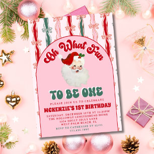 Oh What Fun Pink Santa Christmas First Birthday Invitation
