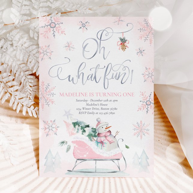 Oh What Fun Pink & Silver Winter Sleigh Birthday Invitation (Creator Uploaded)