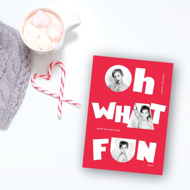Oh What Fun Playful Cutout Shapes 3 Photo Seasonal Holiday Card (Creator Uploaded)