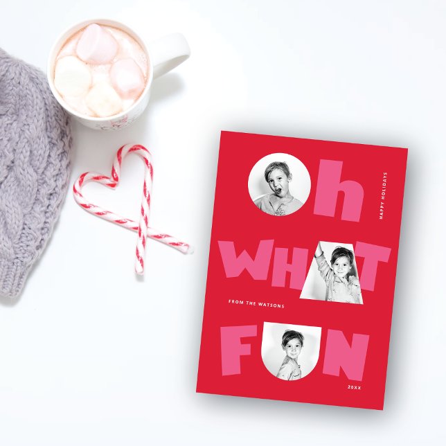 Oh What Fun Playful Cutout Shapes 3 Photo Seasonal Holiday Card (Creator Uploaded)