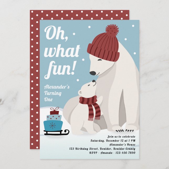 Oh What Fun Polar Bear Boy's 1st Birthday Invitation (Front/Back)