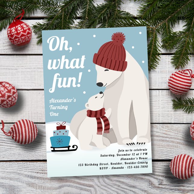 Oh What Fun Polar Bear Boy's 1st Birthday Invitation (Creator Uploaded)