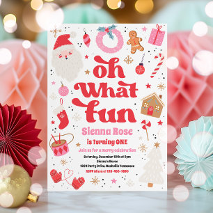 Oh What Fun Red And Pink Christmas Birthday Party Invitation