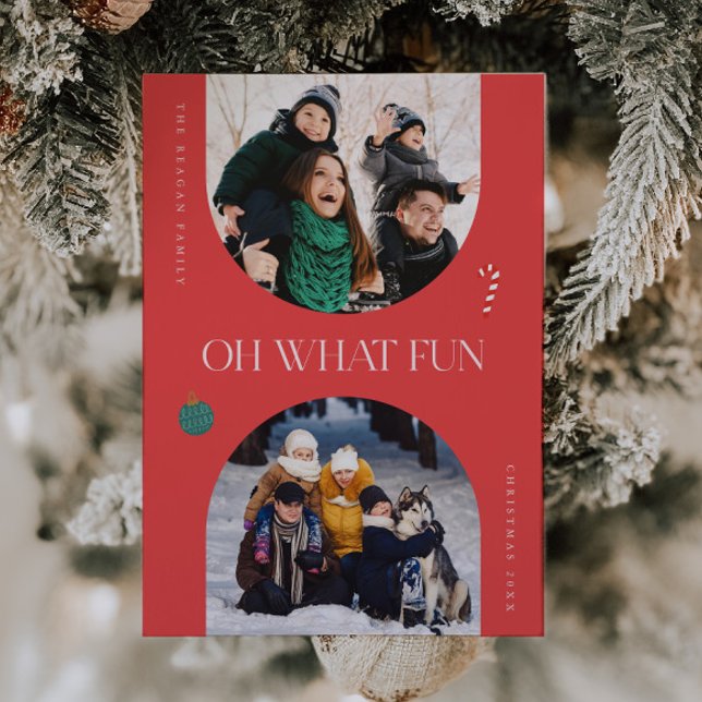 Oh What Fun Red Arch Frame 3 Photo Holiday Card (Creator Uploaded)