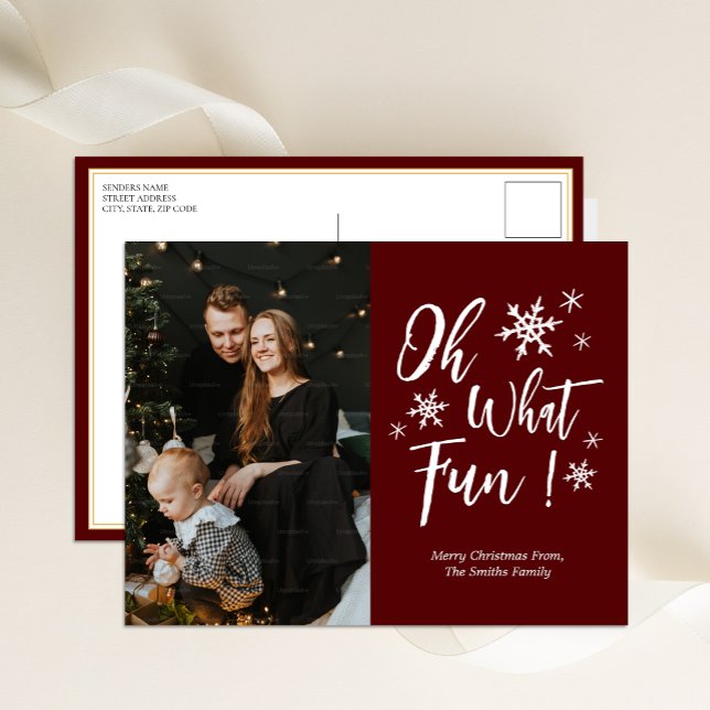 Oh What Fun Red Calligraphy Snowflakes Photo Holiday Postcard (Creator Uploaded)
