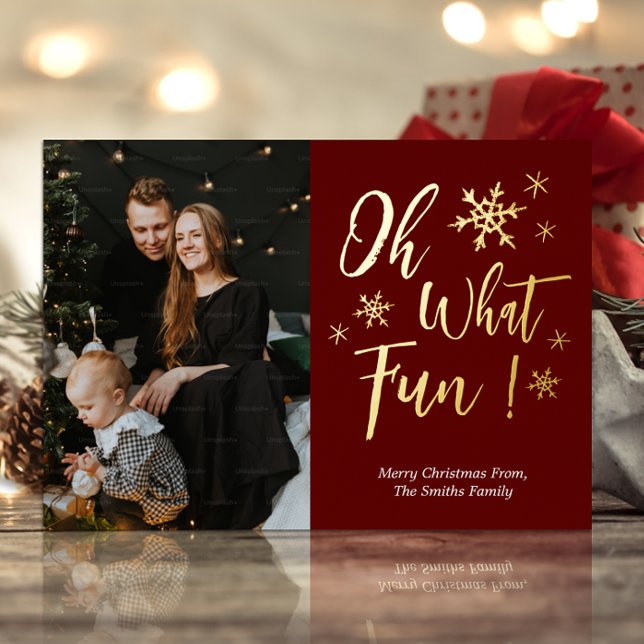 Oh What Fun Red Gold Calligraphy Snowflakes Photo Foil Holiday Card (Creator Uploaded)