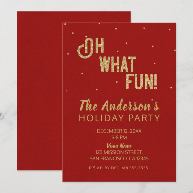 Oh What Fun Red Gold Holiday Party Christmas Invitation (Front/Back)
