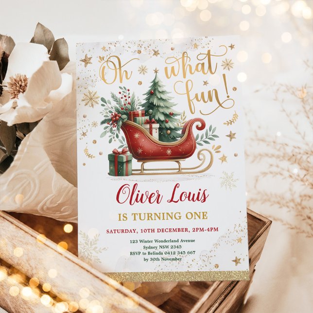 Oh What Fun | Red Gold Winter Wonderland Birthday  Invitation (Creator Uploaded)