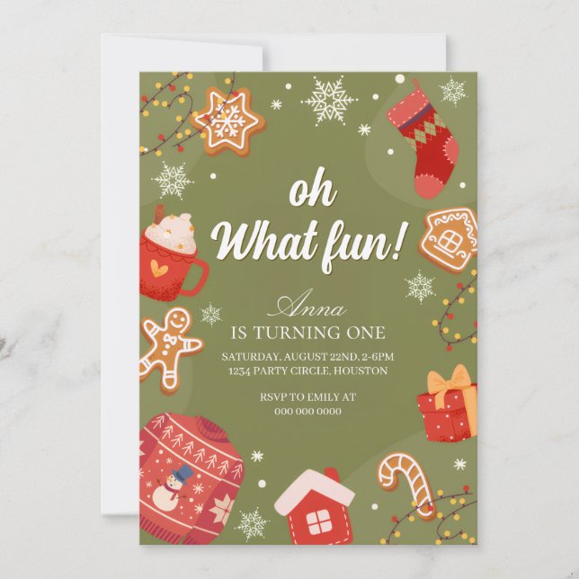Oh What Fun Red& Green Christmas Holiday Birthday Invitation (Front)