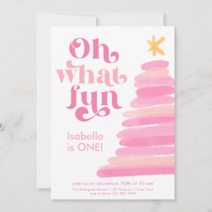 Oh What Fun Retro Pink Watercolor 1st Birthday Invitation