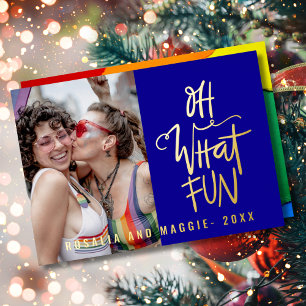 Oh What Fun Royal Blue Photo Personalised Gold Foil Holiday Card