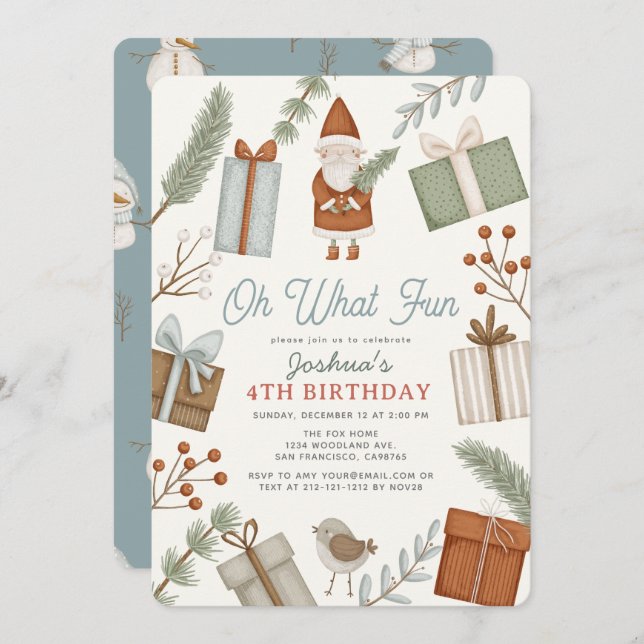 Oh What Fun Santa Claus Holiday Boy Birthday Invitation (Front/Back)