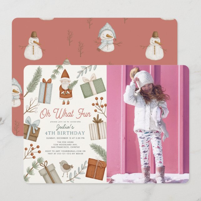 Oh What Fun Santa Holiday Girl Birthday Photo Invitation (Front/Back)