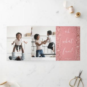 Oh What Fun Saying Pink Glitter Tri-Fold Holiday Card