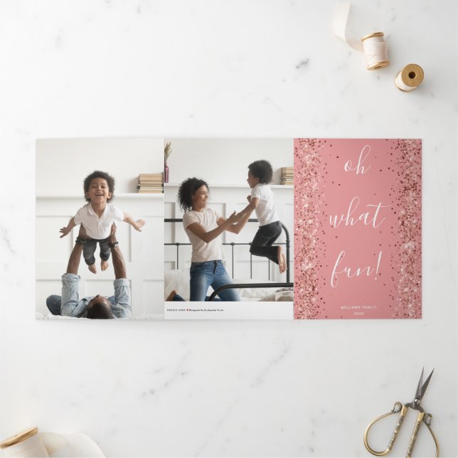 Oh What Fun Saying Pink Glitter Tri-Fold Holiday Card (Outside)