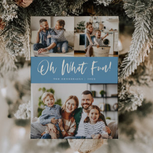 Oh What Fun Script Christmas Photo Denim Blue Holiday Card