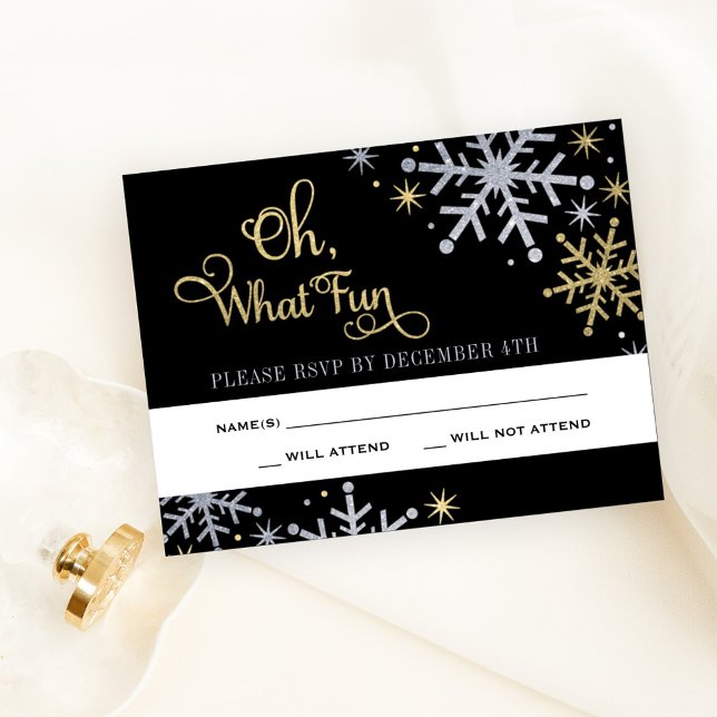 Oh What Fun Silver Gold Snowflakes Holiday RSVP Card (Creator Uploaded)