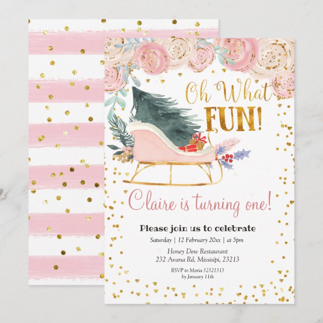 Oh What Fun Sleigh Girl First birthday invitation (Front/Back)